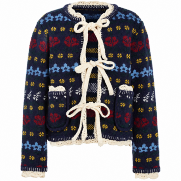 Navy Cropped Jacquard Knit Cardigan with Floral and Geometric Pattern