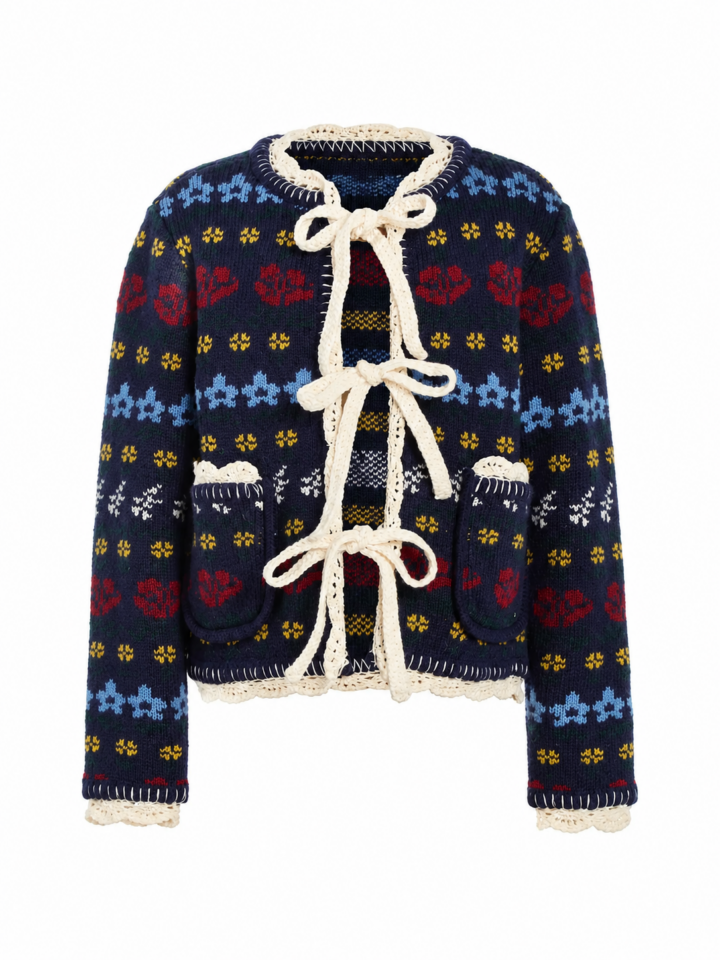 Navy Cropped Jacquard Knit Cardigan with Floral and Geometric Pattern