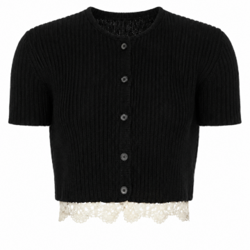 Black Cropped Cardigan with Lace Trim