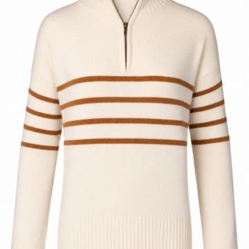 Cream Quarter-Zip Striped Knit Sweater with Mock Neck