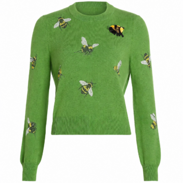 Green Knit Sweater with Embroidered Bees