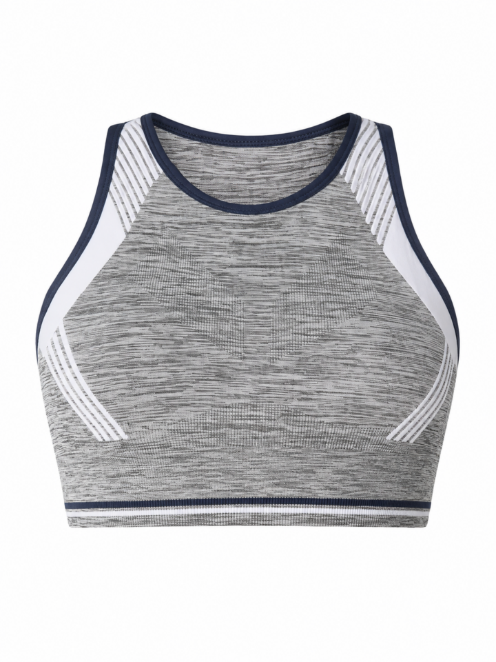 Grey Heather Sports Bra with White Side Panels and Navy Trim