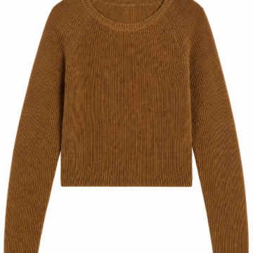 Brown Cropped Ribbed Knit Sweater with Raglan Sleeves