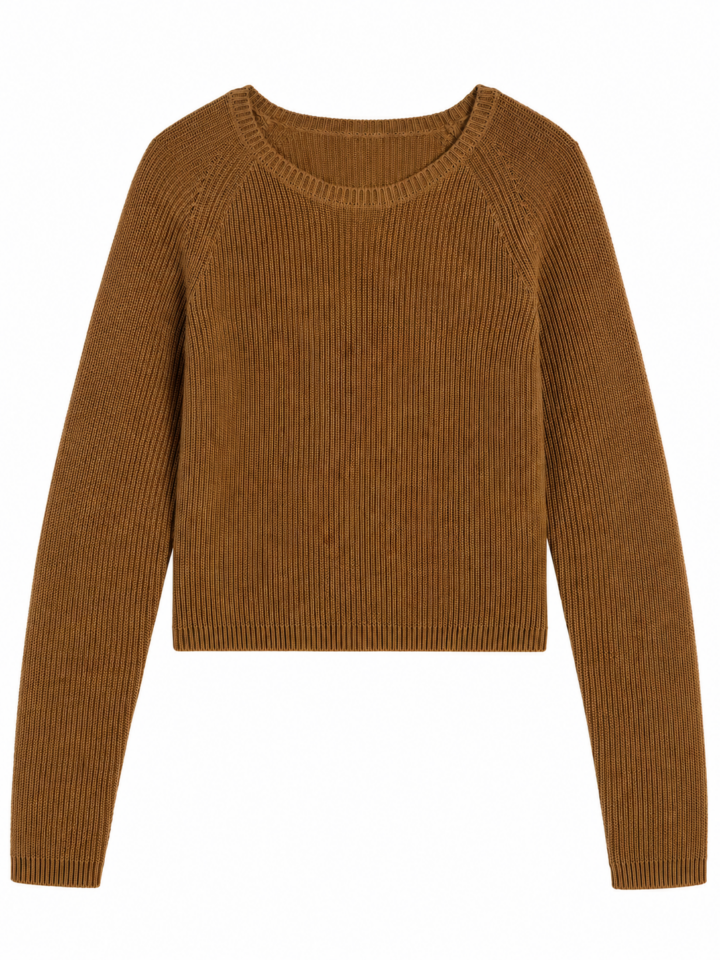Brown Cropped Ribbed Knit Sweater with Raglan Sleeves