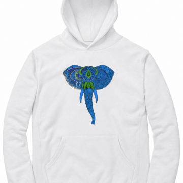 White Pullover Hoodie with Elephant Graphic - Relaxed Fit