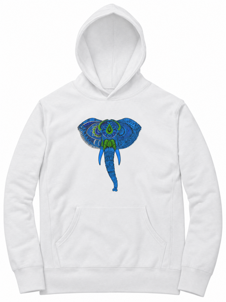 White Pullover Hoodie with Elephant Graphic - Relaxed Fit