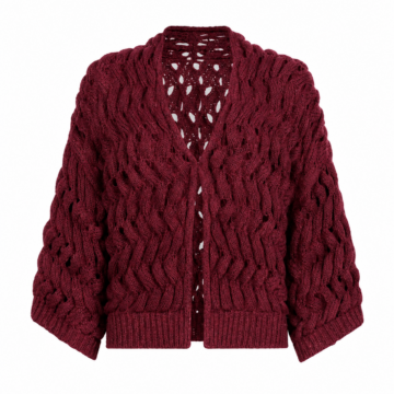 Burgundy Cropped Cable Knit Cardigan with Textured Detail