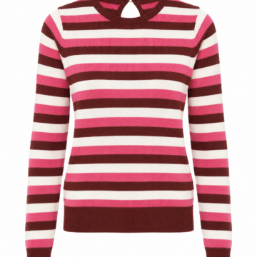 Pink White Brown Striped Knit Sweater with Keyhole Neckline