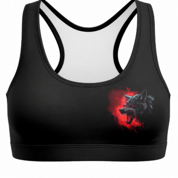 Black Scoop Neck Racerback Sports Bra with Wolf Graphic