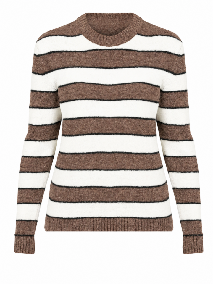 Brown and Off-White Striped Crew Neck Sweater