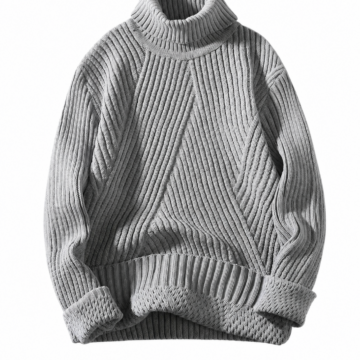 Grey Oversized Turtleneck Sweater with Diagonal Pattern