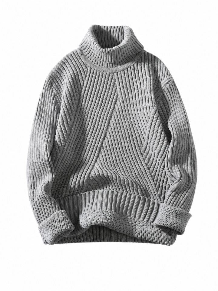 Grey Oversized Turtleneck Sweater with Diagonal Pattern