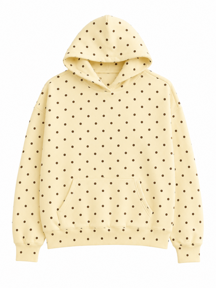 Pale Yellow Pullover Hoodie with Polka Dot Pattern