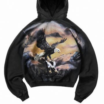 Black Oversized Pullover Hoodie with Eagle Graphic