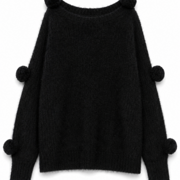 Black Pom-Pom Boat Neck Sweater