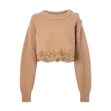 Beige Ribbed Cropped Knit Sweater with Drop Shoulder