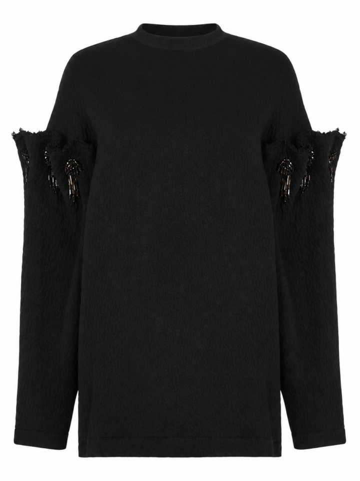 Black Relaxed Crew Neck Sweater with Cut-Out Sleeves